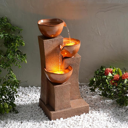 Teamson Home 28.54 in. 3-Tier Cascading Outdoor Water Fountain, Brown | LED Lights, For Gardens, For Landscaping, For Patios, For Balconies