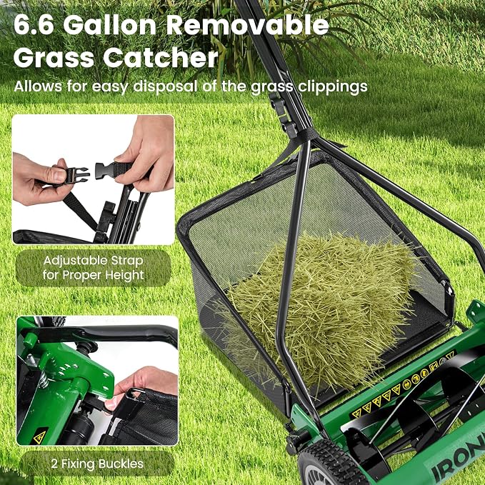 IRONMAX Lawn Mower, 14 Inch Push Reel Lawn Mower with 5 Steel Blades, Adjustable Cutting Heights, Grass Catcher Bag, Walk-Behind Manual Lawnmower for Garden Park Yard, No Motor (Green, 14 Inch)