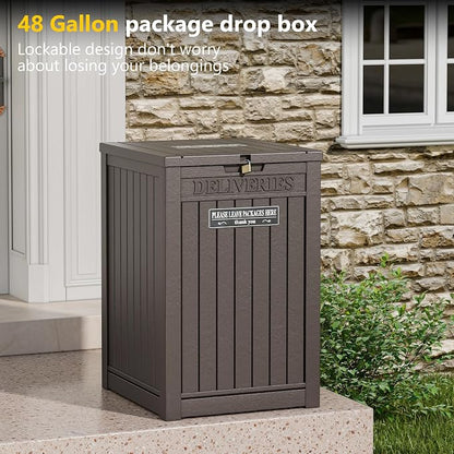 LHBGO Package Delivery Box for Outside with Sticker, 48 Gallon Storage with Lockable Secure, Large Double Wall Resin Outdoor Package Delivery Waterproof Deck