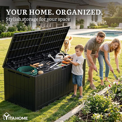 YITAHOME 240 Gallon Large Outdoor Storage Box XXL Resin Deck Box with Lock | Extra-Large Waterproof Patio Furniture Bin and 3-Person Bench Seating for Garden Tools & Pool Accessories, Black