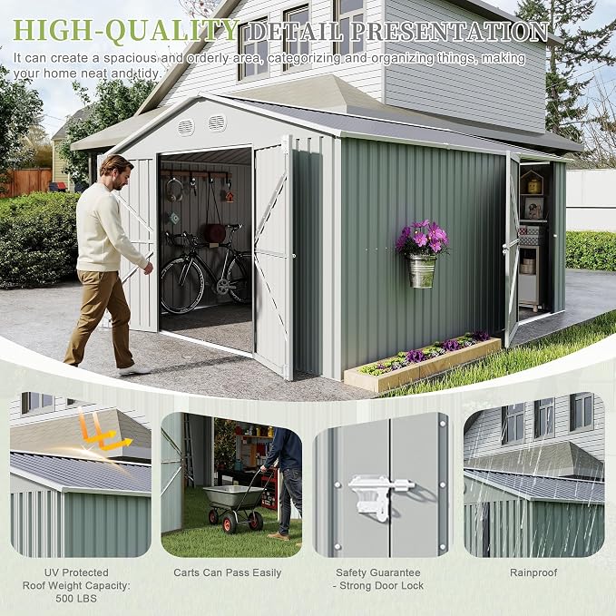 YOPTO 12X10 FT Metal Outdoor Storage Shed W/Flower Pot Stand,White | 3 Lockable Doors,Air Vent,Sloped Roof,Reinforced Structure,Waterproof Outdoor Shed for Garden,Patio,Backyard,Lawn