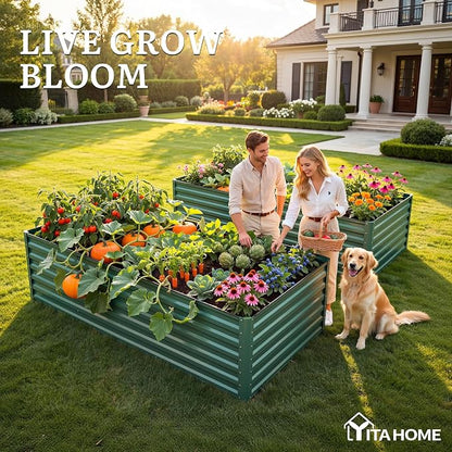 YITAHOME 4pcs 8x4x2ft Galvanized Raised Garden Bed, Metal Planter Box with Safety Rubber, Gloves, Outdoor Flower Bed for Planting Plants Vegetables, Green