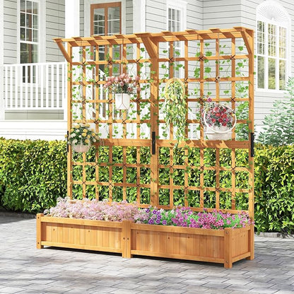 COSTWAY 71” Large Wooden Raised Garden Bed with Trellis and Hanging Roof, 2 Planter Boxes, 4 Drainage Holes, Removable Bottom Plate for Climbing Plants, Flowers, Outdoor Balcony Planter