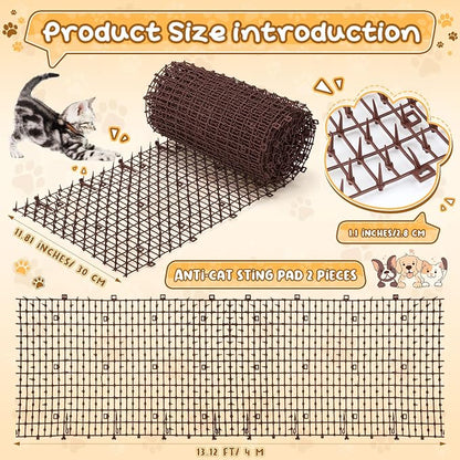 Sanwuta 2 Pcs 26.3 ft Cat Spike Mat Outdoor Cat Deterrent Mat with Spikes Prickle Strips Indoor Dog Digging Deterrent Anti Network Spikes with 10 Staples for Garden Fence(Brown)