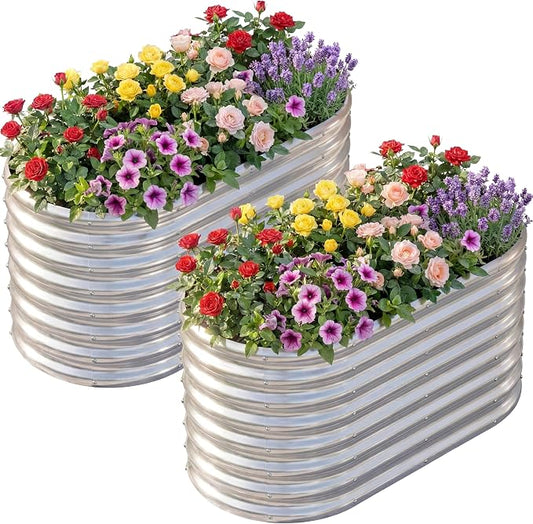 AHEONLAR 2 Pack 4×2×2ft Galvanized Raised Garden Bed Outdoor,Oval Sturdy and Durable Planter Boxes for Vegetables, Fruits, Flowers and Plants, Easy Assembly, Silver
