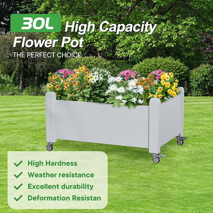 PatioZen Raised Garden Bed, 14 Gallon Self-Watering Raised Planter Box with Drainage Plug & Gauge and Wheels for Vegetables Flowers Herbs Succulents, Resin for Backyard Patio Porch