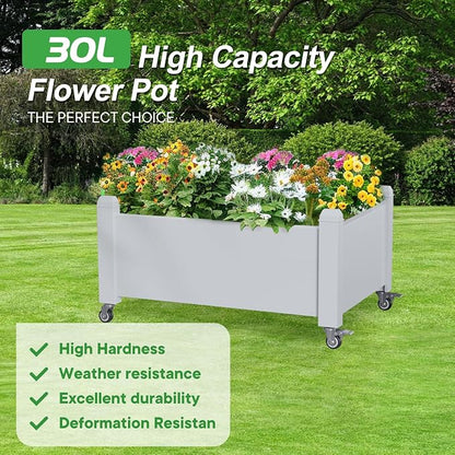PatioZen Raised Garden Bed, 14 Gallon Self-Watering Raised Planter Box with Drainage Plug & Gauge and Wheels for Vegetables Flowers Herbs Succulents, Resin for Backyard Patio Porch