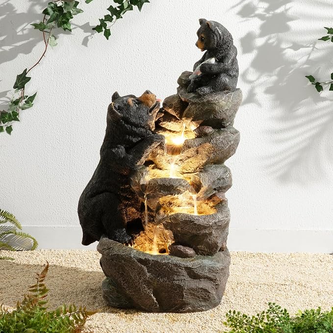 Glitzhome Water Fountain Outdoor, Outdoor Fountain with Lights & Pump, 30.5" H 4-Tiered Mom and Baby Bear Polyresin Cascading Waterfall Floor Standing Water Feature for Garden, Patio, Yard, Deck