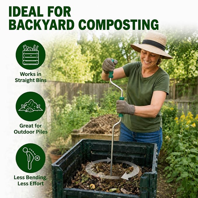 46.5" Compost Aerator Tool, Manual Compost Turner, No Assembly Stainless Steel Compost Stirring Tool for Compost Bins, Outdoor Compost Piles & Backyard Composting, Wall Mount Hook
