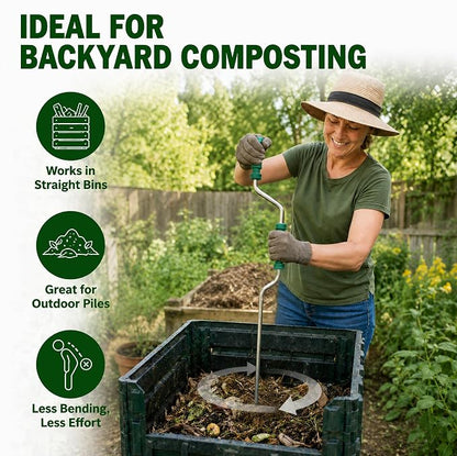 46.5" Compost Aerator Tool, Manual Compost Turner, No Assembly Stainless Steel Compost Stirring Tool for Compost Bins, Outdoor Compost Piles & Backyard Composting, Wall Mount Hook