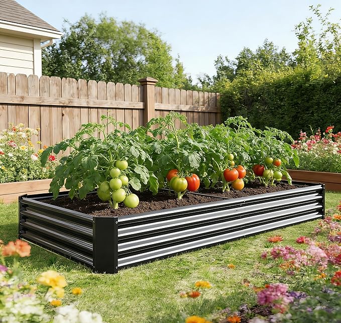 Metal Galvanized Raised Garden Bed Kit, 8 x 4 x 1 ft Galvanized Steel Raised Garden Planter Box Outdoor with Open Base for Growing Vegetables/Flowers/Herbs/Fruits/Succulents, Rectangle, Black