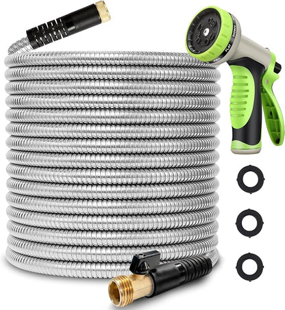 75FT Metal Garden Hose 304 Stainless Steel Flexible Water Hose - No Kink & Tangle Heavy Duty Pipe with Nozzle, Durable 3/4 Brass Fittings and Valve - Rust Proof Puncture Proof for Yard Lawn