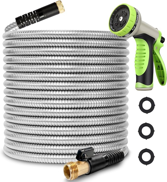 100FT Metal Garden Hose 304 Stainless Steel Flexible Water Hose - No Kink & Tangle Heavy Duty Pipe with Nozzle, Durable 3/4 Brass Fittings and Valve - Rust Proof Puncture Proof for Yard Lawn