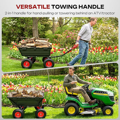 Garden Dump Cart Wagon with Hitch | 13" All Terrain Pneumatic Tires,DIY Expansion over 1200LBS Capacity,2-in-1 handle,Tow behind lawn mower, tractor or ATV