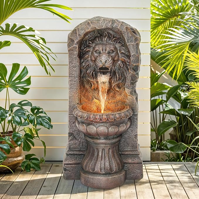AUTODAYA 30" Lion Head Outdoor Fountain LED Cascading Waterfall, Bronze | Rustic Stone Pedestal,faux bronze granite texture,garden patio yard decor