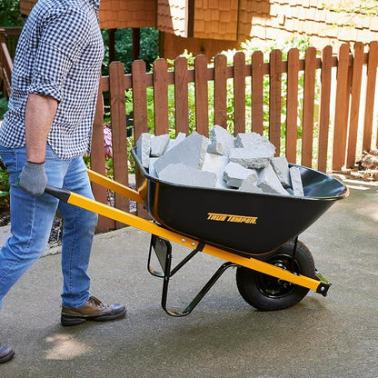 True Temper Steel Wheelbarrow with Never Flat Tire & Steel Handles, 6 Cu. Ft