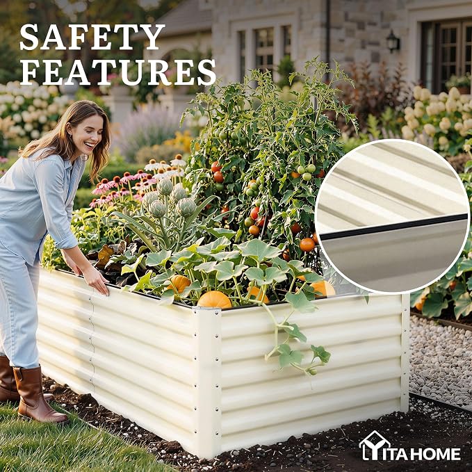 YITAHOME 2pcs 8x4x2ft Large Raised Garden Bed Kit, Galvanized Metal Planter Box with Gloves & Safety Rubber, Outdoor Above Ground Planters for Plants Vegetables Flowers, Cream Yellow