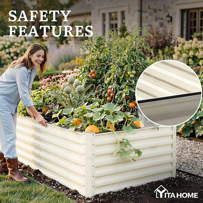 YITAHOME 2pcs 8x4x2ft Large Raised Garden Bed Kit, Galvanized Metal Planter Box with Gloves & Safety Rubber, Outdoor Above Ground Planters for Plants Vegetables Flowers, Cream Yellow