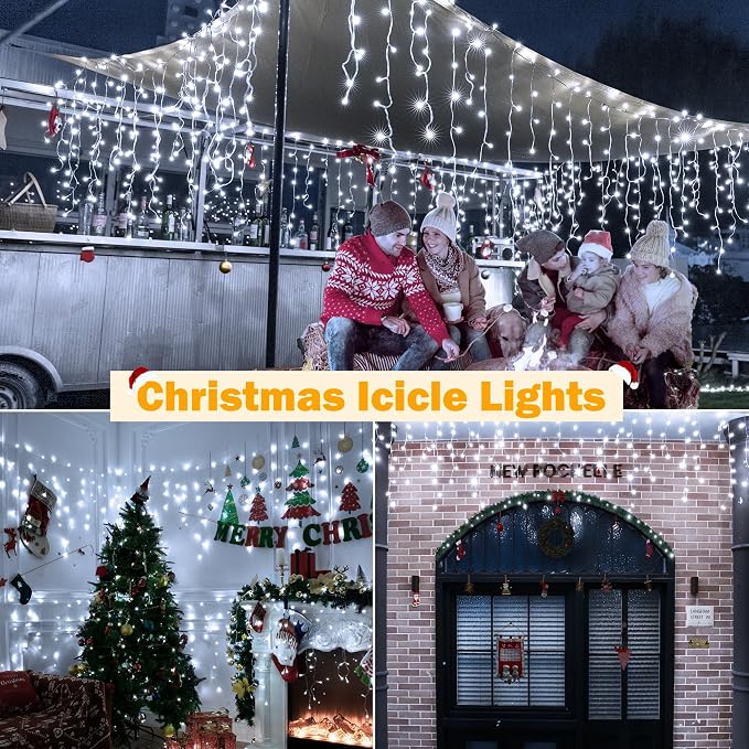 Ollny Icicle Lights Outdoor Cool White, 600LED 49FT Christmas Lights with Remote 8 Modes Dimmable, Waterproof Connectable Timer Hanging Light for House Outside Yard Indoor Decorations