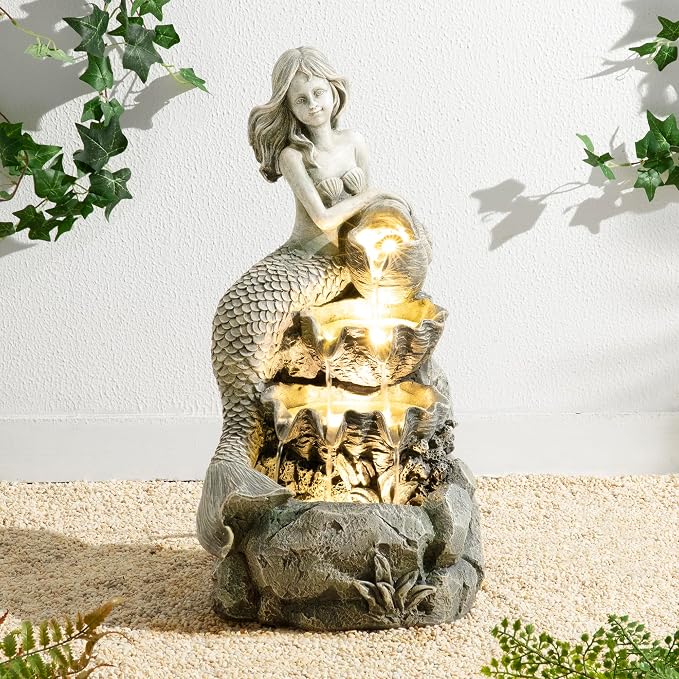 Glitzhome Water Fountain Outdoor, Outdoor Fountain with Lights & Pump, 22.25" H 4-Tiered Concrete Mermaid Polyresin Waterfall Floor Standing Water Feature for Garden, Patio, Yard, Deck, Porch