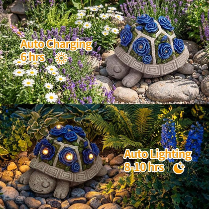 Solar Garden Outdoor Decor Turtle Statue with Dark Blue Roses & 7 LED Lights – Outside Tortoise Decor for Yard Patio Balcony & Backyard - Home House Decoration Art- Gift for Women Mom & Grandma