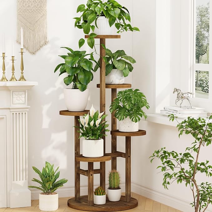 LASZOLA 5 Tiered Wood Plant Stand Indoor Corner, Flower Holder Rack Tall for Multiple Plants, Rustic Planter Shelf Display for Patio Garden Balcony Living Room