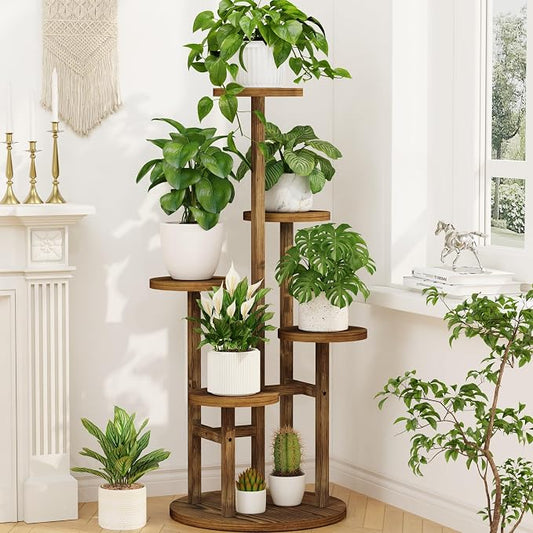 LASZOLA 5 Tiered Wood Plant Stand Indoor Corner, Flower Holder Rack Tall for Multiple Plants, Rustic Planter Shelf Display for Patio Garden Balcony Living Room