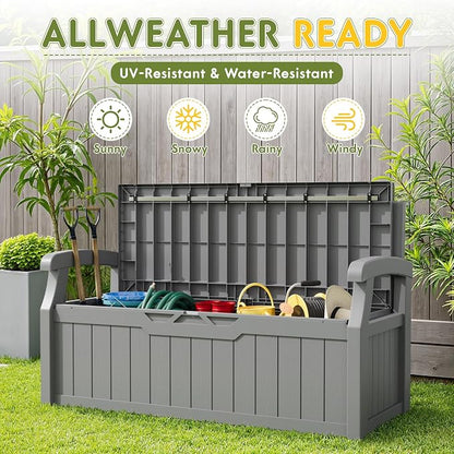 Greesum 80 Gallon Outdoor Storage Bench Deck Box with Cushion & Armrest, Lockable, Waterproof UV Resistant, Comfortable Seating for Patio, Pool, Garden, Grey