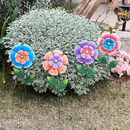 Metal Flowers for Outside, 4 Pcs 16.5 Inch Decorative Garden Stakes, Hand Painted Tin Metal Garden Decor with Glitter, Weather Resistant Outdoor Art for Patio Lawn Yard