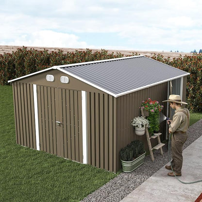 YOPTO 12X10 FT Metal Outdoor Storage Shed W/Flower Pot Stand,Brown | 3 Lockable Doors,Air Vent,Sloped Roof,Reinforced Structure,Waterproof Outdoor Shed for Garden,Patio,Backyard,Lawn