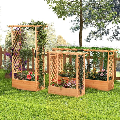 ORALNER Raised Garden Bed with Trellis, Wooden Planter Box with Climbing Frame, Outdoor Elevated Garden Box for Vegetables, Herbs, Flowers, Fruits (Medium)