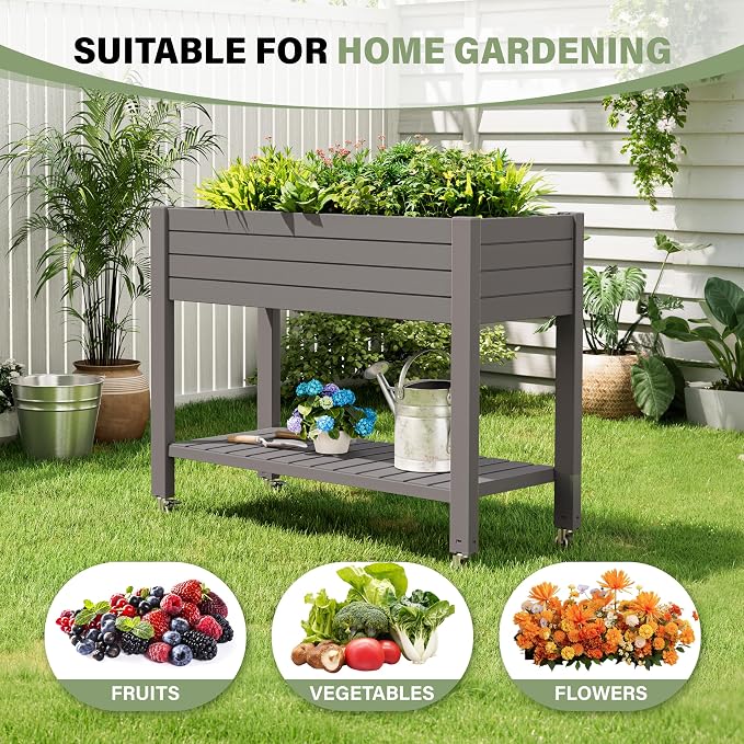 Elevated Raised Garden Bed with Wheels,Medium Gray-33.7" h