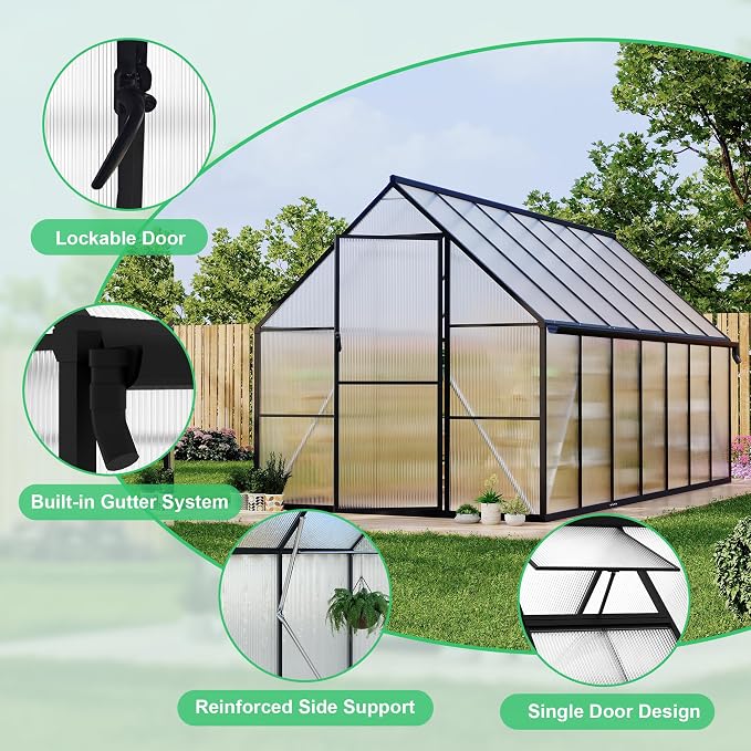 GarveeLife 8 ft x14 ft Aluminum-Framed Polycarbonate Greenhouse, Heavy Duty Polycarbonate Greenhouse with Quick Setup Structure and Roof Vent, Large Enhanced Aluminum Green House Kit for Outdoors