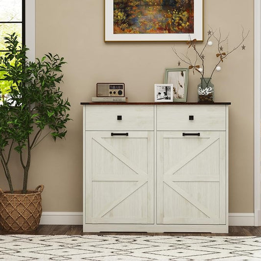 Ball & Cast Double Tilt Out Trash Cabinet for 20 Gallon Trash Cans, Farmhouse Barn Door Style with 2 Hideaway Drawers, Hidden Garbage & Recycling Center for Kitchen, Laundry Room (Antique White)