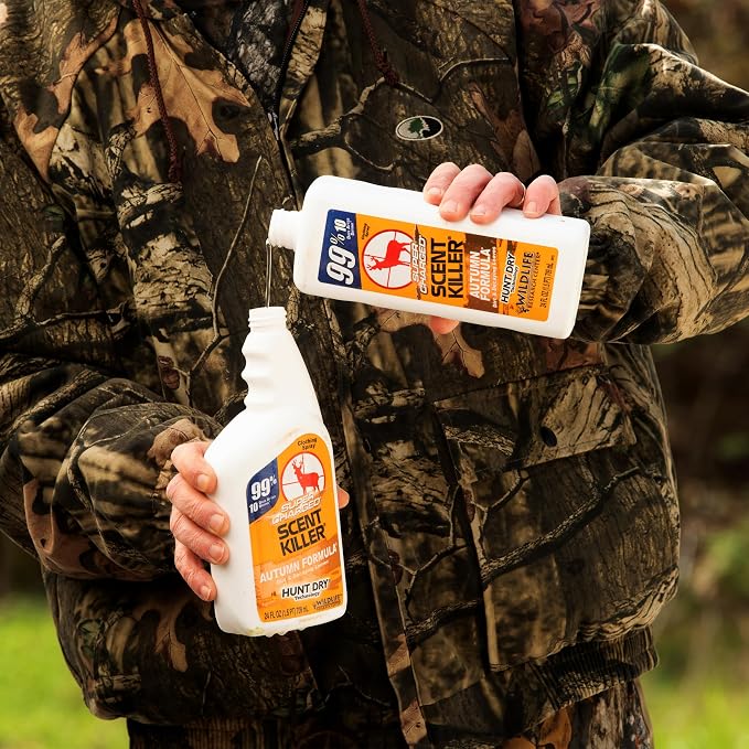 Wildlife Research Center Super Charged Scent Killer Autumn Formula Spray & Refill – Hunting Odor Eliminator with Scent of the Forest Floor – Works for Days – Deer (48 FL OZ Combo)
