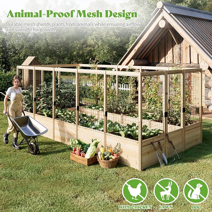 PaPaJet Wooden Raised Garden Bed for Outdoor, Eleven Grid Deep Large Planter Box with Netting for Gardening, Vegetables, Flowers, Herbs（7.5× 14.8× 5.9FT）