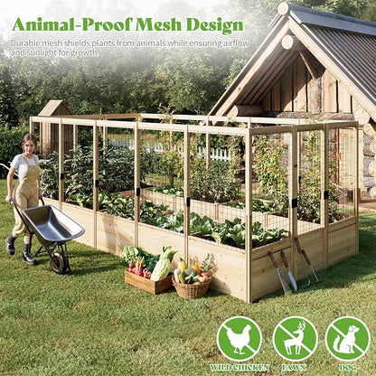 PaPaJet Wooden Raised Garden Bed for Outdoor, Eleven Grid Deep Large Planter Box with Netting for Gardening, Vegetables, Flowers, Herbs（7.5× 14.8× 5.9FT）