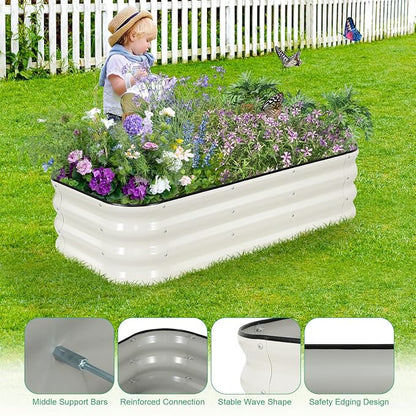 1MORE Raised Garden Bed -4X2X1 Galvanized Planter Box for Outdoor Gardening,3 in 1 Modular Raised Bed Kit with Protective Tape, Gloves for Herb，Ideal for Vegetables and Plants.White-1Pack