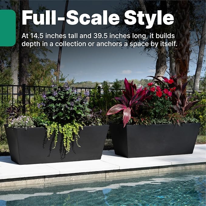 Step2 Tremont Trough Planter 2-Pack, Large Resin Planters for Outdoor Plants, Self-Watering, Black