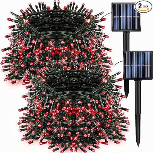 Dazzle Bright 2 Pack Total 400LED 132FT Red Christmas Solar String Outdoor Lights, Solar Powered with 8 Modes Waterproof Fairy Lights for Bedroom Patio Garden Tree Party Yard Decoration