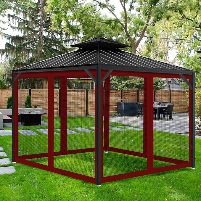 Gazebo Universal Replacement Mosquito Netting, Outdoor Mesh Netting Screen 4-Panel Sidewall with Zipper for Patio, Canopy, Garden and Backyard, Gray(Mosquito Net Only) (Red and Black, 10' x 12')