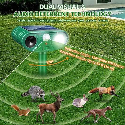 4PACK Solar Animal Repeller Outdoor for Deer Cat Rabbits Raccoons Fox,Ultrasonic Squirrel Deterrent with Motion Sensor and Flashing LED, Waterproof Animal Repellent Garden Yard Farm