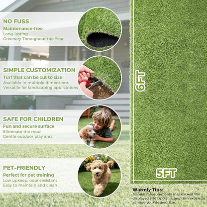 Artificial Grass Rug Indoor Outdoor, 5 x 6FT Faux Grass Turf with Drainage Holes, Realistic Artificial Lawn Rug Dog Pets Mat, Turf Carpet for Garden Lawn Landscape Balcony Patio Backyard Decor