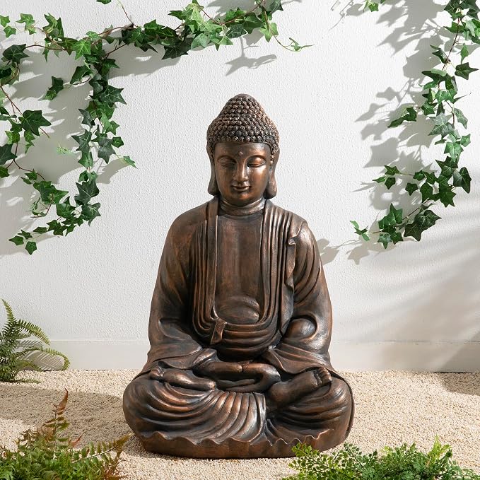 Glitzhome 29.5-inch Zen Meditation Buddha Garden Statue, Bronze Oversized Tall Large Indoor and Outdoor Sculpture, Hand-Finished MGO & Fiberglass Decor for Home Patio Yard