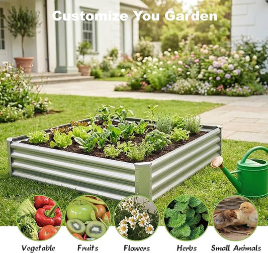 4x4x1ft-2PCS Raised Garden Bed Kit, Galvanized Planter Garden Boxes Outdoor, Metal Raised Garden Beds for Vegetables,Fruits, Flower,Silver