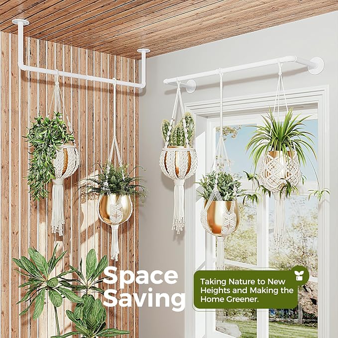 Bamworld Hanging Planters 2PCS for Indoor Plants Hanging Plant Holder Plant Hanger Indoor Ceiling Window Plant Shelves Wall Mount Black Metal Rod(Pot&Plant Not Included) White