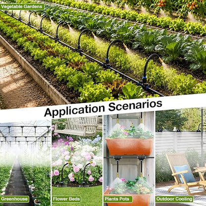 Bluepro Drip Irrigation System 100FT 1/4", 2026-Upgrade Garden Sprinkler Kit with 16PCS 360° Adjustable Copper Nozzles, Automatic Misting Watering System for Raised Beds, Greenhouse, Lawn, Patio, Yard