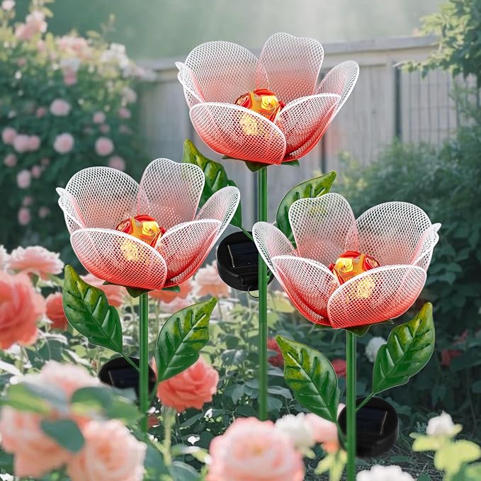 Solar Garden Lights,2 Pack Solar Metal Flowers with Breathing Light,Yard Pathway Lights Outdoor Solar Powered,Outside Lights for Yard Garden Outdoor Pathway Decor