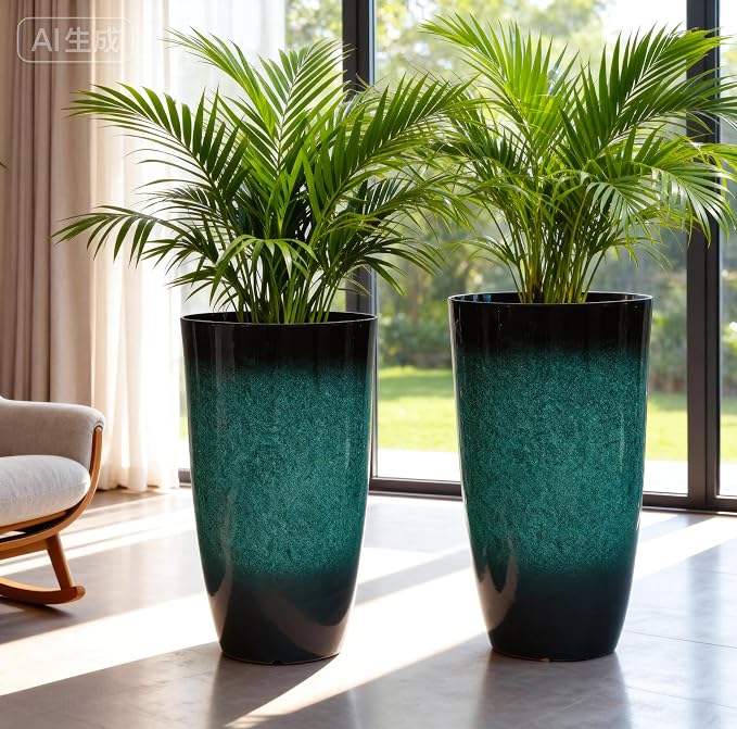 Autodaya 23.8" Tall Outdoor Planters Set of 2 Flower Pot for Outdoor Plants | Faux Ceramic Large Planters with Drainage Hole, Gradient Turquoise Glaze, Weather-Resistant for Garden Patio Porch Home Decor