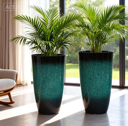 Autodaya 23.8" Tall Outdoor Planters Set of 2 Flower Pot for Outdoor Plants | Faux Ceramic Large Planters with Drainage Hole, Gradient Turquoise Glaze, Weather-Resistant for Garden Patio Porch Home Decor